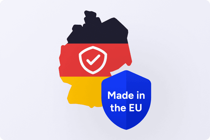 Outline of Germany with a German flag pattern and a shield icon, alongside another shield labeled "Made in the EU."