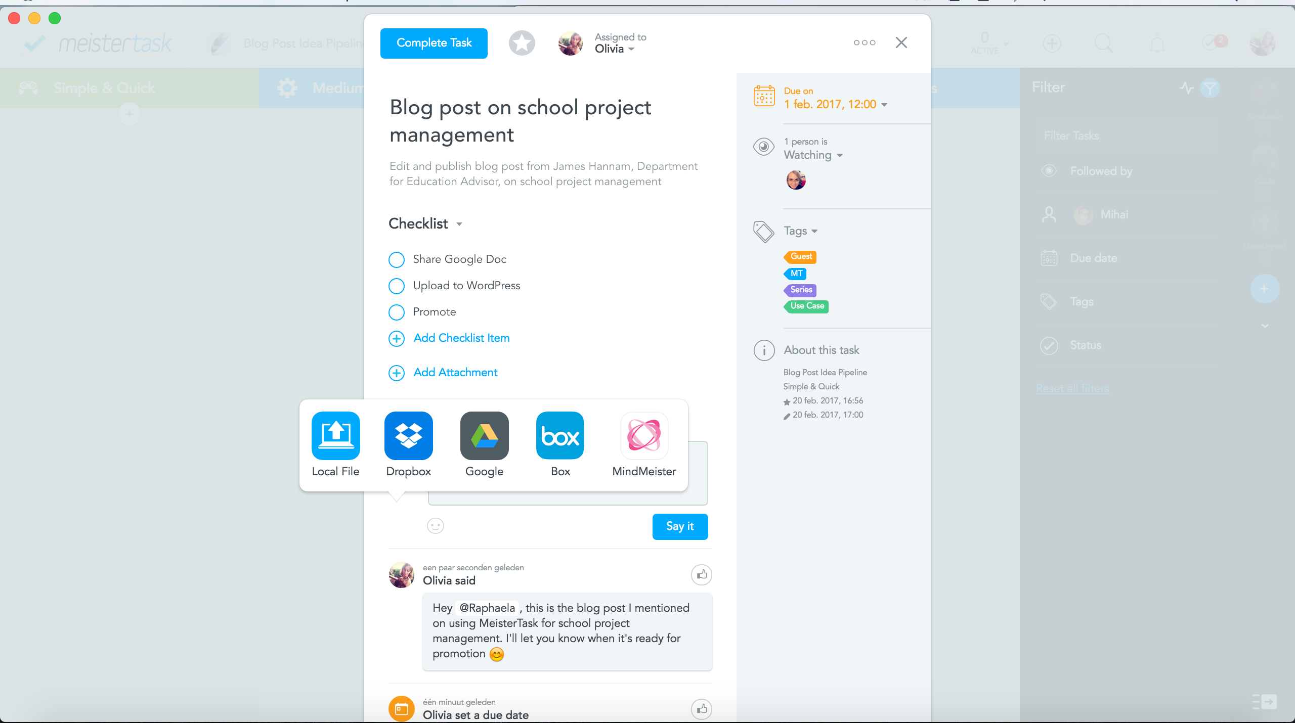 School project management with MeisterTask - attach documents and collaborate