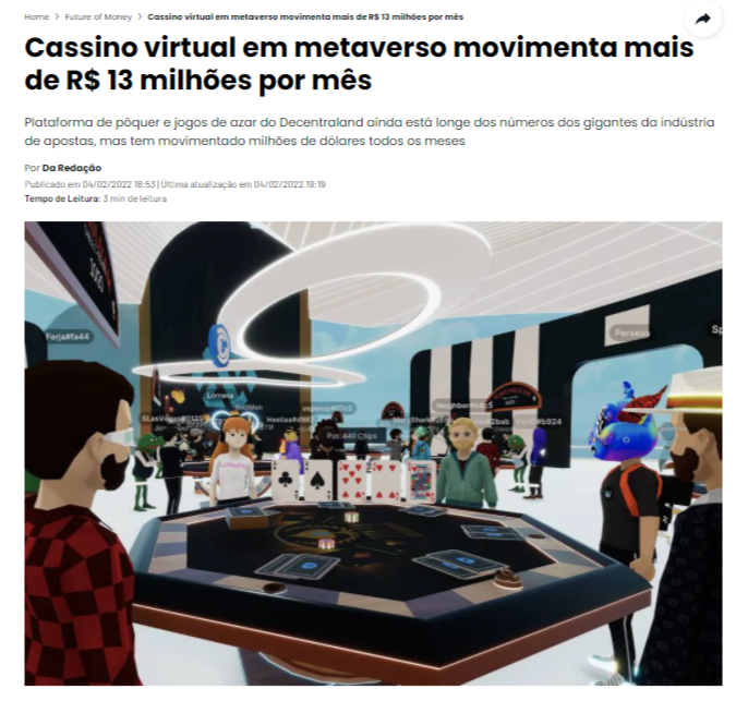 Cassino virtual em metaverso movimenta mais de R$ 13 milhões por mês