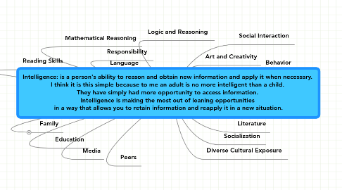 Mind Map: Intelligence: is a person's ability to reason and obtain new information and apply it when necessary.  I think it is this simple because to me an adult is no more intelligent than a child.  They have simply had more opportunity to access information.  Intelligence is making the most out of leaning opportunities  in a way that allows you to retain information and reapply it in a new situation.