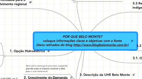 Mind Map: POR QUE BELO MONTE? coloque informações claras e objetivas com a fonte (itens retirados do blog http://www.blogbelomonte.com.br)