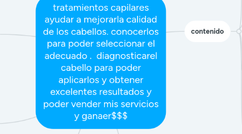 Mind Map: tratamientos capilares ayudar a mejorarla calidad de los cabellos. conocerlos para poder seleccionar el adecuado .  diagnosticarel cabello para poder aplicarlos y obtener excelentes resultados y poder vender mis servicios y ganaer$$$