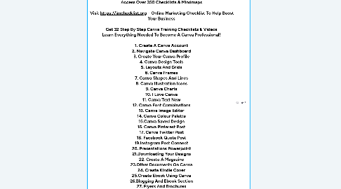 Mind Map: IM Checklist Volume 6 - Canva Design      Access Over 350 Checklists & Mindmaps    Visit https://imchecklist.org – Online Marketing Checklist To Help Boost Your Business    Get 32 Step By Step Canva Training Checklists & Videos  Learn Everything Needed To Become A Canva Professional!    1. Create A Canva Account  2. Navigate Canva Dashboard  3. Create Your Canva Profile  4. Canva Design Tools  5. Layouts And Grids  6. Canva Frames  7. Canva Shapes And Lines  8. Canva Illustration Icons  9. Canva Charts  10. I Love Canva  11. Canva Text New  12. Canva Font Combinations  13. Canva Image Editor  14. Canva Colour Palette  15.Canva Saved Design  16. Canva Pinterest Post  17. Canva Twitter Post  18. Facebook Quote Post  19.Instagram Post Connect  20. Presentations Powerpoint  21.Downloading Your Designs  22. Create A Magazine  23.Other Documents On Canva  24. Create Kindle Cover  25.Create Ebook Using Canva  26.Blogging And Ebook Section  27. Flyers And Brochures  28. Gift Certificates And Labels  29. Logo Using Canva  30. Youtube Art Using Canva  31. Banners And Headers  32. Announcements Invitations