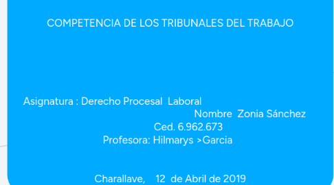Mind Map: UNIVERSIDAD FERMIN TORO SISTEMA DE APRENDIZAJE INTEREACTIVO A DISTANCIA (SAIA) ESCUELA DE DERECHO BARQUISIMETO EDO. LARA COMPETENCIA DE LOS TRIBUNALES DEL TRABAJO Asignatura : Derecho Procesal Laboral Nombre Zonia Sánchez Ced. 6.962.673 Profesora: Hilmarys >Garcia Charallave, 12 de Abril de 2019