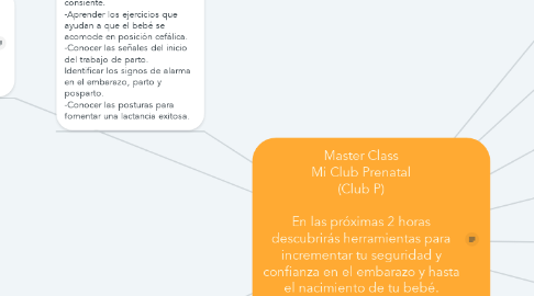 Mind Map: Master Class Mi Club Prenatal (Club P)  En las próximas 2 horas descubrirás herramientas para incrementar tu seguridad y confianza en el embarazo y hasta el nacimiento de tu bebé.  Oferta por tiempo limitado € 7