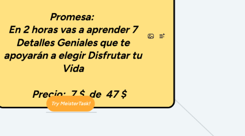 Mind Map: "7 Detalles Geniales para     Disfrutar tu Vida"      Promesa:    En 2 horas vas a aprender 7 Detalles Geniales que te apoyarán a elegir Disfrutar tu Vida        Precio:  7 $  de  47 $