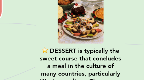 Mind Map: DESSERT is typically the sweet course that concludes a meal in the culture of many countries, particularly Western culture. The course usually consists of sweet foods, but may include other items.