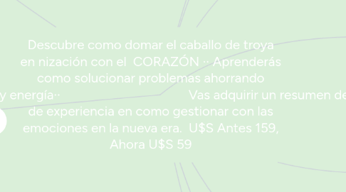 Mind Map: Descubre como domar el caballo de troya en nización con el CORAZÓN ·· Aprenderás como solucionar problemas ahorrando tiempo y dinero y energía·· Vas adquirir un resumen de 25 años de experiencia en como gestionar con las emociones en la nueva era. U$S Antes 159, Ahora U$S 59