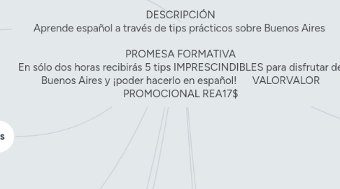Mind Map: Masterclass TÍTULO "Próximo destino: Buenos Aires en español" DESCRIPCIÓN Aprende español a través de tips prácticos sobre Buenos Aires PROMESA FORMATIVA En sólo dos horas recibirás 5 tips IMPRESCINDIBLES para disfrutar de Buenos Aires y ¡poder hacerlo en español! VALORVALOR PROMOCIONAL REA17$