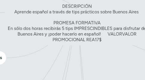 Mind Map: Masterclass  TÍTULO "Próximo destino: Buenos Aires en español"  DESCRIPCIÓN Aprende español a través de tips prácticos sobre Buenos Aires   PROMESA FORMATIVA En sólo dos horas recibirás 5 tips IMPRESCINDIBLES para disfrutar de Buenos Aires y ¡poder hacerlo en español!      VALORVALOR PROMOCIONAL REA17$