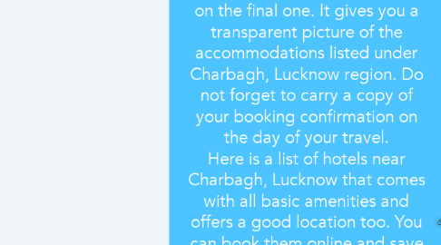 Mind Map: Book any 4 hotels near Charbagh, Lucknow: choose it online and relax! Charbagh is a railways station in Lucknow. It is recognized as one of the busiest railway station in south of Lucknow city. This location is an ideal stay option for many travellers due to its amenities. The easy reachability to railway station and have a great access to other places makes Charbagh popular among visitors. How can anyone book hotels near Charbagh, Lucknow? Simply browse accommodations at redbus hotels and book your suitable hotel within the budget. Booking a prior hotel room online always keeps you away from hassles. Selecting from the range of listed hotels and booking the ideal room in your budget shall help you to experience a satisfactory stay in Charbagh. Some of the benefits of going ahead with an online hotel booking privilege includes good location stay, services offered, get discounts and read guest reviews before deciding on the final one. It gives you a transparent picture of the accommodations listed under Charbagh, Lucknow region. Do not forget to carry a copy of your booking confirmation on the day of your travel. Here is a list of hotels near Charbagh, Lucknow that comes with all basic amenities and offers a good location too. You can book them online and save a lot of time and energy. There are hotels in various categories suiting all types of budget. You can decide the location and understand other requirements before booking your suitable stay.   1. R. K. International: There are many crowded streets and other public places around the hotel property. They cater to business as well as leisure travellers. Functionally meets all the basic requirements of the guest and its convenient location (close to the railway station) helps to access all other places without any difficulty.  2. Hotel M J International: this hotel adds good value to your money. It offers a comfortable stay option at a moderate price. They offer clean bed and bath facility. The hotel is accessible from bus stops, railway station and shopping areas. 3. Hotel P S International: One of the luxury hotel located near to the railway station. It offers rooms at a decent price and comes with several amenities. They provide an option of different categories of rooms like executive, luxury and superior room.  4. Hotel Umang: They offer all types of rooms depending on your budget. It is located very close to bus stand and gives a view of the market area too.