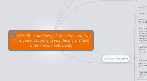 Mind Map: KEY008 - Four Things NOT to do and Five thins you must do with your financial affairs when the markets crash.