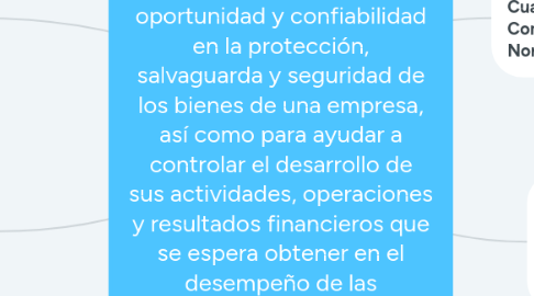 Mind Map: El control interno nace por la necesidad de evaluar y satisfacer la eficiencia, eficacia, razonabilidad, oportunidad y confiabilidad en la protección, salvaguarda y seguridad de los bienes de una empresa, así como para ayudar a controlar el desarrollo de sus actividades, operaciones y resultados financieros que se espera obtener en el desempeño de las funciones y operaciones de toda la empresa.