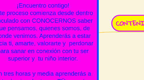 Mind Map: :::MASTER CLASS::: LOS  7  PILARES DE LA AUTOESTIMA Y EL AUTOAMOR"  ¡Encuentro contigo! Este proceso comienza desde dentro vinculado con CONOCERNOS saber que pensamos, quienes somos, de donde venimos. Aprenderás a estar hacia ti, amarte, valorarte y  perdonar para sanar en conexión con tu ser superior y  tu niño interior.  En tres horas y media aprenderás a estar hacia adentro en TÜ corazón, "AMANDOTE EN AUTOESTIMA fortalecida. Tan solo a 99,77 dólares. hoy llévalo con una oferta de 93, 33 dólares.