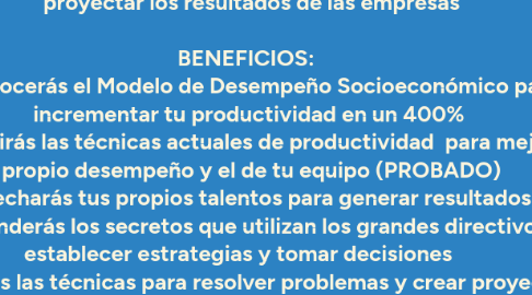 Mind Map: ESCALA TU MANAGEMENT A NIVEL PRO DESCRIPCIÓN: En 2 meses descubrirás las claves que usan los expertos para proyectar los resultados de las empresas BENEFICIOS: - Conocerás el Modelo de Desempeño Socioeconómico para incrementar tu productividad en un 400% - Descubrirás las técnicas actuales de productividad para mejorar tu propio desempeño y el de tu equipo (PROBADO) -Aprovecharás tus propios talentos para generar resultados PRO -Aprenderás los secretos que utilizan los grandes directivos para establecer estrategias y tomar decisiones -Conocerás las técnicas para resolver problemas y crear proyectos de alto impacto - Utilizarás la metodología probada para crear equipos de trabajo enfocados hacía los resultados - Desarrollarás las habilidades financieras para elaborar proyectos y tomar certeras decisiones económicas sin arriesgar tu dinero