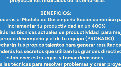 Mind Map: ESCALA TU MANAGEMENT A NIVEL PRO  DESCRIPCIÓN:  En 2 meses descubrirás las claves que usan los expertos para proyectar los resultados de las empresas  BENEFICIOS:   - Conocerás el Modelo de Desempeño Socioeconómico para incrementar tu productividad en un 400%  - Descubrirás las técnicas actuales de productividad  para mejorar tu propio desempeño y el de tu equipo (PROBADO) -Aprovecharás tus propios talentos para generar resultados PRO       -Aprenderás los secretos que utilizan los grandes directivos para establecer estrategias y tomar decisiones      -Conocerás las técnicas para resolver problemas y crear proyectos  de alto impacto - Utilizarás la metodología probada  para crear equipos de trabajo enfocados hacía los resultados - Desarrollarás las habilidades financieras para elaborar proyectos y tomar certeras decisiones económicas sin arriesgar tu dinero