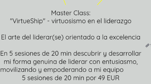 Mind Map: Master Class: "VirtueShip" - virtuosismo en el liderazgo  El arte del liderar(se) orientado a la excelencia  En 5 sesiones de 20 min descubrir y desarrollar mi forma genuina de liderar con entusiasmo, movilizando y empoderando a mi equipo           5 sesiones de 20 min por 49 EUR