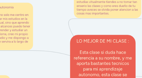 Mind Map: LO MEJOR DE MI CLASE : Esta clase si duda hace referencia a su nombre, y me aporta bastantes tecnicos para mi aprendizaje autonomo, esta clase se dividio en varios escenarios cada uno con un sinfin de temas. Estos temas se dividen en varias etapas.
