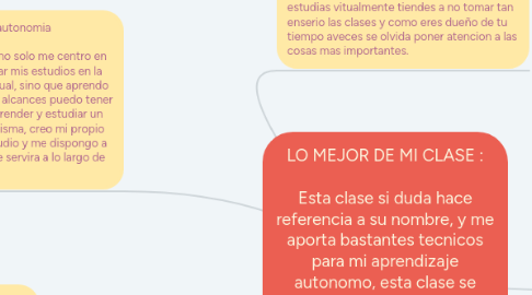 Mind Map: LO MEJOR DE MI CLASE :  Esta clase si duda hace referencia a su nombre, y me aporta bastantes tecnicos para mi aprendizaje autonomo, esta clase se dividio en varios escenarios cada uno con un sinfin de temas.  Estos temas se dividen en varias etapas.