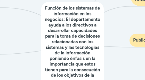 Mind Map: Función de los sistemas de información en los negocios: El departamento ayuda a los directivos a desarrollar capacidades para la toma de decisiones relacionadas con los sistemas y las tecnologías de la información poniendo énfasis en la importancia que estos tienen para la consecución de los objetivos de la empresa.