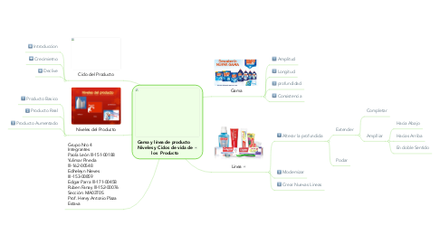 Mind Map: Gama y línea de producto   Niveles y Ciclos de vida de los  Producto