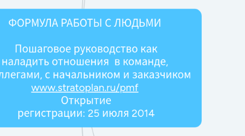 Mind Map: ФОРМУЛА РАБОТЫ С ЛЮДЬМИ Пошаговое руководство как наладить отношения в команде, с коллегами, с начальником и заказчиком www.stratoplan.ru/pmf Открытие регистрации: 25 июля 2014