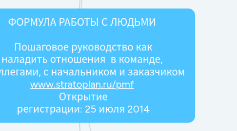 Mind Map: ФОРМУЛА РАБОТЫ С ЛЮДЬМИ    Пошаговое руководство как наладить отношения  в команде,  с коллегами, с начальником и заказчиком  www.stratoplan.ru/pmf  Открытие регистрации: 25 июля 2014