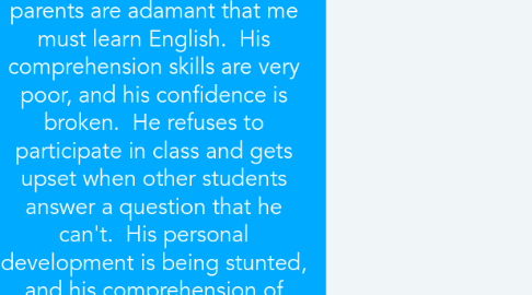 Mind Map: Case 1:  John:  Has no self confidence.  John is a native Chinese speaker whose parents are adamant that me must learn English.  His comprehension skills are very poor, and his confidence is broken.  He refuses to participate in class and gets upset when other students answer a question that he can't.  His personal development is being stunted, and his comprehension of material to be prepared for the next year is very poor.