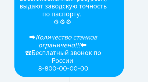 Mind Map: Приветственное сообщение Добрый день! Компания ООО «Металлостан» объявляет 📣 *СКИДКУ ДО КОНЦА АПРЕЛЯ* на станок 16к20 РМЦ 1000 ⚙⚙⚙ Станки после капитального ремонта, с полностью восстановленным ресурсом, выдают заводскую точность по паспорту. ⚙⚙⚙ ➡*Количество станков ограничено!!!*⬅ ☎Бесплатный звонок по России 8-800-00-00-00