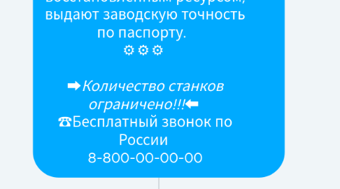 Mind Map: Приветственное сообщение Добрый день!   Компания ООО «Металлостан» объявляет 📣 *СКИДКУ ДО КОНЦА АПРЕЛЯ* на  станок 16к20 РМЦ 1000   ⚙⚙⚙  Станки после капитального ремонта, с полностью восстановленным ресурсом, выдают заводскую точность по паспорту.   ⚙⚙⚙    ➡*Количество станков ограничено!!!*⬅  ☎Бесплатный звонок по России  8-800-00-00-00