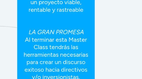 Mind Map: _TITULO_ Define tu proyecto tecnológico _DESCRIPCIÓN_ Descubre los pilares en los cuales debes de sostener la idea para que sea un proyecto altamente rentable _LA GRAN PROMESA_ Al terminar esta Master Class tendrás las herramientas necesarias para crear un discurso exitoso hacia directivos y/o inversionistas. Además podrás crear un documento funcional que servirá para estimar el proyecto en costo y tiempo. _PRECIO_ €10