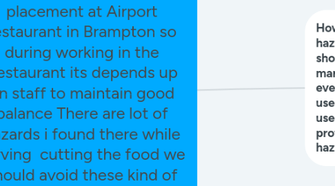 Mind Map: As i am culinary student and i am doing my field placement at Airport restaurant in Brampton so during working in the Restaurant its depends up on staff to maintain good balance There are lot of hazards i found there while serving  cutting the food we should avoid these kind of situations and protect them selves from hazards