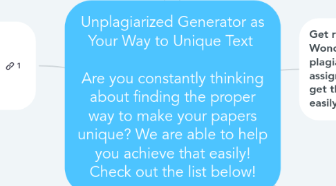 Mind Map: Unplagiarized Generator as Your Way to Unique Text    Are you constantly thinking about finding the proper way to make your papers unique? We are able to help you achieve that easily! Check out the list below!