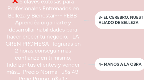 Mind Map: 5 claves exitosas para Profesionales Entrenados en Belleza y Bienestar--- PEBB Aprendéa organiarte y desarrollar habilidades para hacer crecer tu negocio. LA GREN PROMESA lograrás en 2 horas conseguir más confianza en ti mismo, fidelizar tus clientes y vender más... Precio Normal u$s 49 Preio Promo u$s 17
