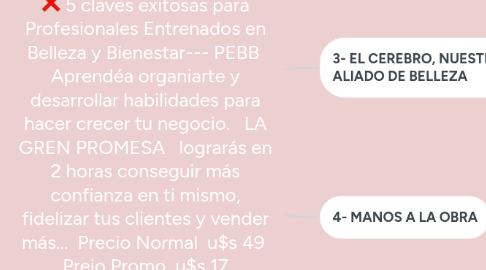 Mind Map: 5 claves exitosas para Profesionales Entrenados en Belleza y Bienestar--- PEBB  Aprendéa organiarte y desarrollar habilidades para hacer crecer tu negocio.   LA GREN PROMESA   lograrás en 2 horas conseguir más confianza en ti mismo, fidelizar tus clientes y vender más...  Precio Normal  u$s 49  Preio Promo  u$s 17