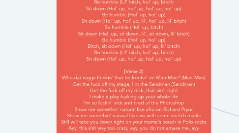 Mind Map: [Intro] Nobody pray for me It's been that day for me Waaaaay (Yeah, yeah!)  [Verse 1] Ayy, I remember syrup sandwiches and crime allowances Finesse a nigga with some counterfeits, but now I’m countin' this Parmesan where my accountant lives, in fact I'm downin’ this D'USSÉ with my boo bae tastes like Kool-Aid for the analysts Girl, I can buy yo' ass the world with my paystub Ooh, that pussy good, won't you sit it on my taste bloods? I get way too petty once you let me do the extras Pull up on your block, then break it down: we playin' Tetris A.M. to the P.M., P.M. to the A.M., funk Piss out your per diem, you just gotta hate 'em, funk If I quit your BM, I still ride Mercedes, funk If I quit this season, I still be the greatest, funk My left stroke just went viral Right stroke put lil' baby in a spiral Soprano C, we like to keep it on a high note It's levels to it, you and I know  [Chorus] Bitch, be humble (Hol’ up, bitch) Sit down (Hol’ up, lil', hol’ up, lil' bitch) Be humble (Hol' up, bitch) Sit down (Hol' up, sit down, lil’, sit down, lil' bitch) Be humble (Hol' up, hol' up) Bitch, sit down (Hol' up, hol' up, lil' bitch) Be humble (Lil' bitch, hol' up, bitch) Sit down (Hol' up, hol' up, hol' up, hol' up) Be humble (Hol' up, hol' up) Sit down (Hol' up, hol' up, lil', hol' up, lil' bitch) Be humble (Hol' up, bitch) Sit down (Hol' up, sit down, lil', sit down, lil' bitch) Be humble (Hol' up, hol' up) Bitch, sit down (Hol' up, hol' up, lil' bitch) Be humble (Lil' bitch, hol' up, bitch) Sit down (Hol' up, hol' up, hol' up, hol' up)  [Verse 2] Who dat nigga thinkin' that he frontin' on Man-Man? (Man-Man) Get the fuck off my stage, I'm the Sandman (Sandman) Get the fuck off my dick, that ain't right I make a play fucking up your whole life I'm so fuckin' sick and tired of the Photoshop Show me somethin' natural like afro on Richard Pryor Show me somethin' natural like ass with some stretch marks Still will take you down right on your mama's couch in Polo socks Ayy, this shit way too crazy, ayy, you do not amaze me, ayy I blew cool from AC, ayy, Obama just paged me, ayy I don't fabricate it, ayy, most of y'all be fakin', ayy I stay modest 'bout it, ayy, she elaborate it, ayy This that Grey Poupon, that Evian, that TED Talk, ayy Watch my soul speak, you let the meds talk, ayy If I kill a nigga, it won't be the alcohol, ayy I'm the realest nigga after all  [Chorus] Bitch, be humble (Hol' up, bitch) Sit down (Hol' up, lil', hol' up, lil' bitch) Be humble (Hol' up, bitch) Sit down (Hol' up, sit down, lil', sit down, lil' bitch) Be humble (Hol' up, hol' up) Bitch, sit down (Hol' up, hol' up, lil' bitch) Be humble (Lil' bitch, hol' up, bitch) Sit down (Hol' up, hol' up, hol' up, hol' up) Be humble (Hol' up, hol' up) Sit down (Hol' up, hol' up, lil', hol' up, lil' bitch) Be humble (Hol' up, bitch) Sit down (Hol' up, sit down, lil', sit down, lil' bitch) Be humble (Hol' up, hol' up) Bitch, sit down (Hol' up, hol' up, lil' bitch) Be humble (Lil' bitch, hol' up, bitch) Sit down (Hol' up, hol' up, hol' up, hol' up)