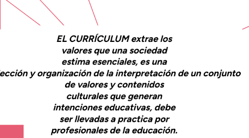 Mind Map: EL CURRÍCULUM extrae los valores que una sociedad estima esenciales, es una selección y organización de la interpretación de un conjunto de valores y contenidos culturales que generan intenciones educativas, debe ser llevadas a practica por profesionales de la educación.