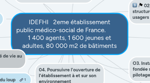 Mind Map: IDEFHI 2eme établissement public médico-social de France. 1 400 agents, 1 600 jeunes et adultes, 80 000 m2 de bâtiments
