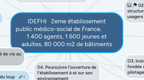 Mind Map: IDEFHI   2eme établissement public médico-social de France.            1 400 agents, 1 600 jeunes et adultes, 80 000 m2 de bâtiments