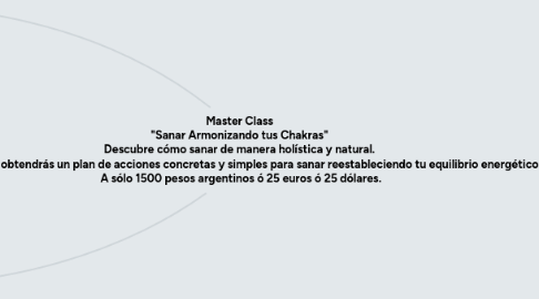Mind Map: Master Class "Sanar Armonizando tus Chakras" Descubre cómo sanar de manera holística y natural. En 6 clases obtendrás un plan de acciones concretas y simples para sanar reestableciendo tu equilibrio energético. A sólo 1500 pesos argentinos ó 25 euros ó 25 dólares.