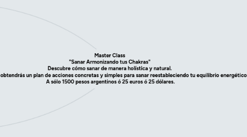 Mind Map: Master Class  "Sanar Armonizando tus Chakras"  Descubre cómo sanar de manera holística y natural.   En 6 clases obtendrás un plan de acciones concretas y simples para sanar reestableciendo tu equilibrio energético.  A sólo 1500 pesos argentinos ó 25 euros ó 25 dólares.