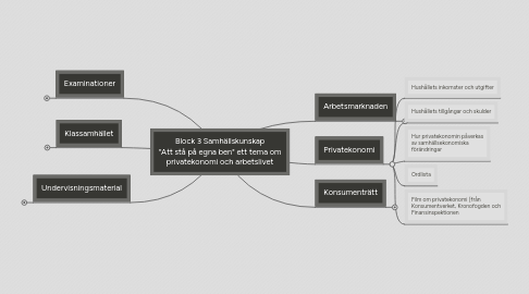 Mind Map: Block 3 Samhällskunskap "Att stå på egna ben" ett tema om privatekonomi och arbetslivet