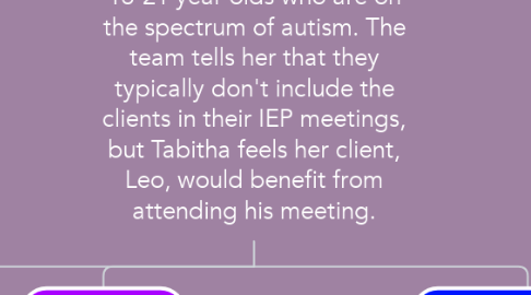 Mind Map: Tabitha is a newly hired occupational therapist at a high school program for 18-21 year olds who are on the spectrum of autism. The team tells her that they typically don't include the clients in their IEP meetings, but Tabitha feels her client, Leo, would benefit from attending his meeting.