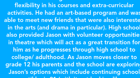 Mind Map: Summary: Jason, a student with down syndrome was an excellent student throughout his primary years as he was able to demonstrate his passion for drama (had a main role in the school play). His teachers worked closely with the schools learning resource teacher who helped keep Jason on task. As he progressed into his junior years, Jason had academic and behaviour issues and was falling behind on schoolwork; which led to frustration and Jason shutting down. As a result, the teacher met with his parents to modify his homework and curriculum. He was still struggling with school until he reached high school where he had more flexibility in his courses and extra-curricular activities. He had an art-based program and was able to meet new friends that were also interested in the arts (and drama in particular). High school also provided Jason with volunteer opportunities in theatre which will act as a great transition for him as he progresses through high school to college/ adulthood. As Jason moves closer to grade 12 his parents and the school are exploring Jason’s options which include continuing school until he is 21 (with it not looking like a continuation of regular school). Regardless of which path Jason takes, he has a great support staff behind him. The main problem observed in the case study was the importance of providing support and having flexibility in instruction to gear to certain students interests. (Bennett, 16) In this Assignment we will connect this case study/situation to course material, and provide the perspective of: the student, parent(s), teacher(s), and principle. Stephan Strauss, Lauren Duguay, Alexis Witt, and Maya Smudja.