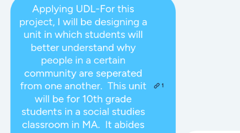 Mind Map: Applying UDL-For this project, I will be designing a unit in which students will better understand why people in a certain community are seperated from one another. This unit will be for 10th grade students in a social studies classroom in MA. It abides to the MA state standards for 2019, as well as common core standards