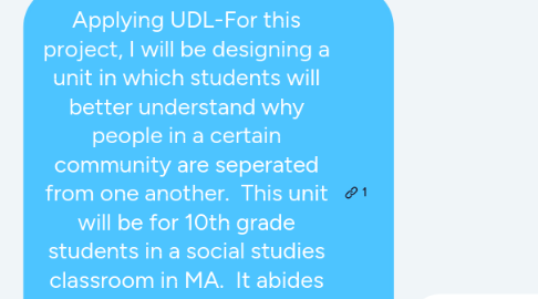 Mind Map: Applying UDL-For this project, I will be designing a unit in which students will better understand why people in a certain community are seperated from one another.  This unit will be for 10th grade students in a social studies classroom in MA.  It abides to the MA state standards for 2019, as well as common core standards