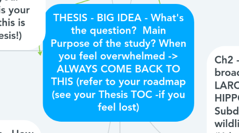 Mind Map: THESIS - BIG IDEA - What's the question?  Main Purpose of the study? When you feel overwhelmed -> ALWAYS COME BACK TO THIS (refer to your roadmap (see your Thesis TOC -if you feel lost)