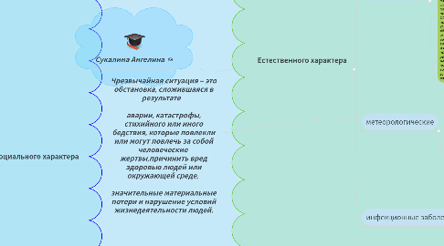 Mind Map: Чрезвычайная ситуация – это обстановка, сложившаяся в результате аварии, катастрофы, стихийного или иного бедствия, которые повлекли или могут повлечь за собой человеческие жертвы,причинить вред здоровью людей или окружающей среде, значительные материальные потери и нарушение условий жизнедеятельности людей.