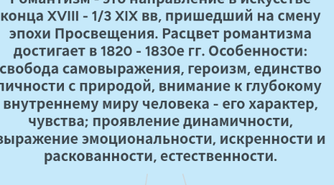 Mind Map: Романтизм - это направление в искусстве конца XVIII - 1/3 XIX вв, пришедший на смену эпохи Просвещения. Расцвет романтизма достигает в 1820 - 1830е гг. Особенности: свобода самовыражения, героизм, единство личности с природой, внимание к глубокому внутреннему миру человека - его характер, чувства; проявление динамичности, выражение эмоциональности, искренности и раскованности, естественности.