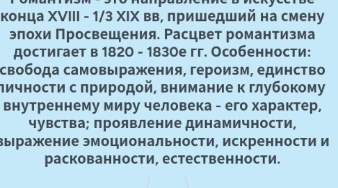 Mind Map: Романтизм - это направление в искусстве конца XVIII - 1/3 XIX вв, пришедший на смену эпохи Просвещения. Расцвет романтизма достигает в 1820 - 1830е гг. Особенности: свобода самовыражения, героизм, единство личности с природой, внимание к глубокому  внутреннему миру человека - его характер, чувства; проявление динамичности, выражение эмоциональности, искренности и раскованности, естественности.